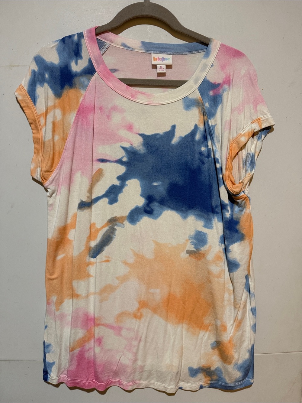 LuLaRoe Ashley Tie-Dye Short Sleeve Top - Blue Pink Orange Cream
